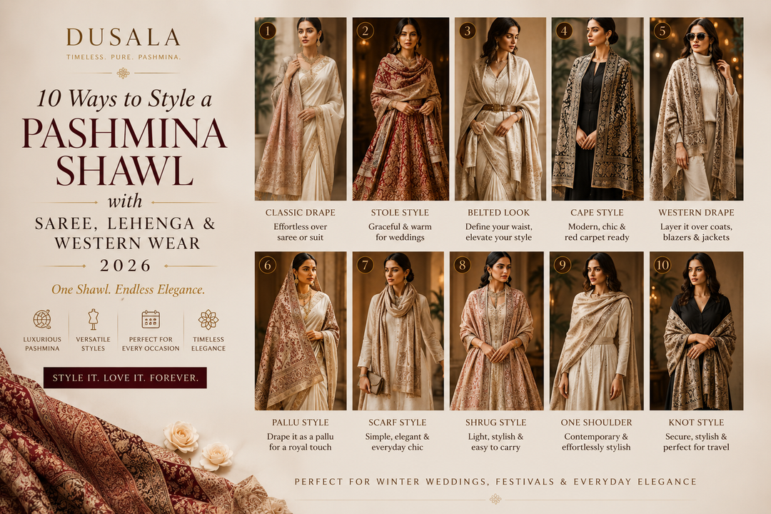 10 Ways to Style a Pashmina Shawl with Saree, Lehenga & Western Wear 2026