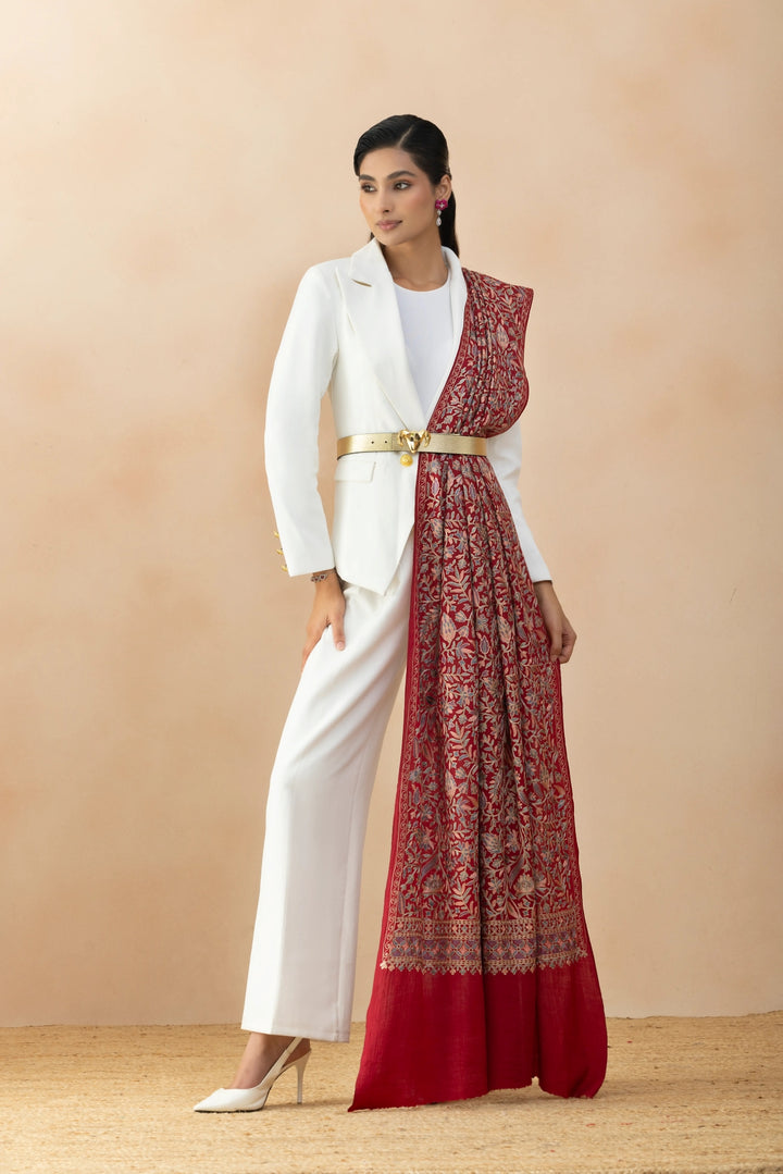 Ruvaira Red Aari Embroidered Fine Wool Shawl