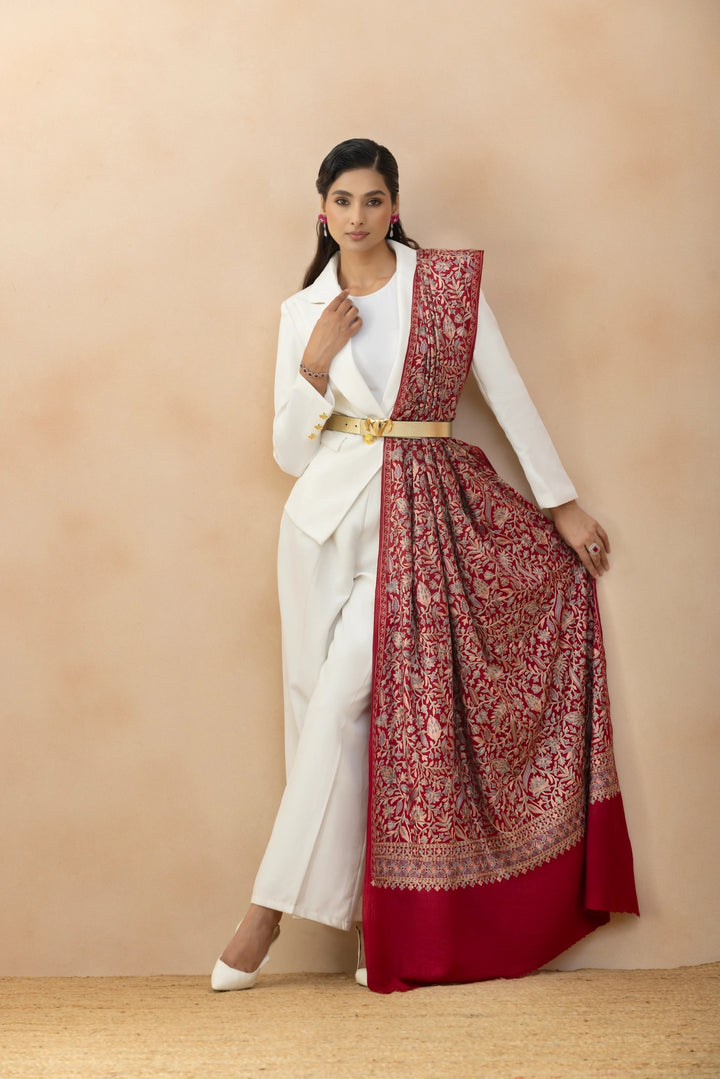 Ruvaira Red Aari Embroidered Fine Wool Shawl