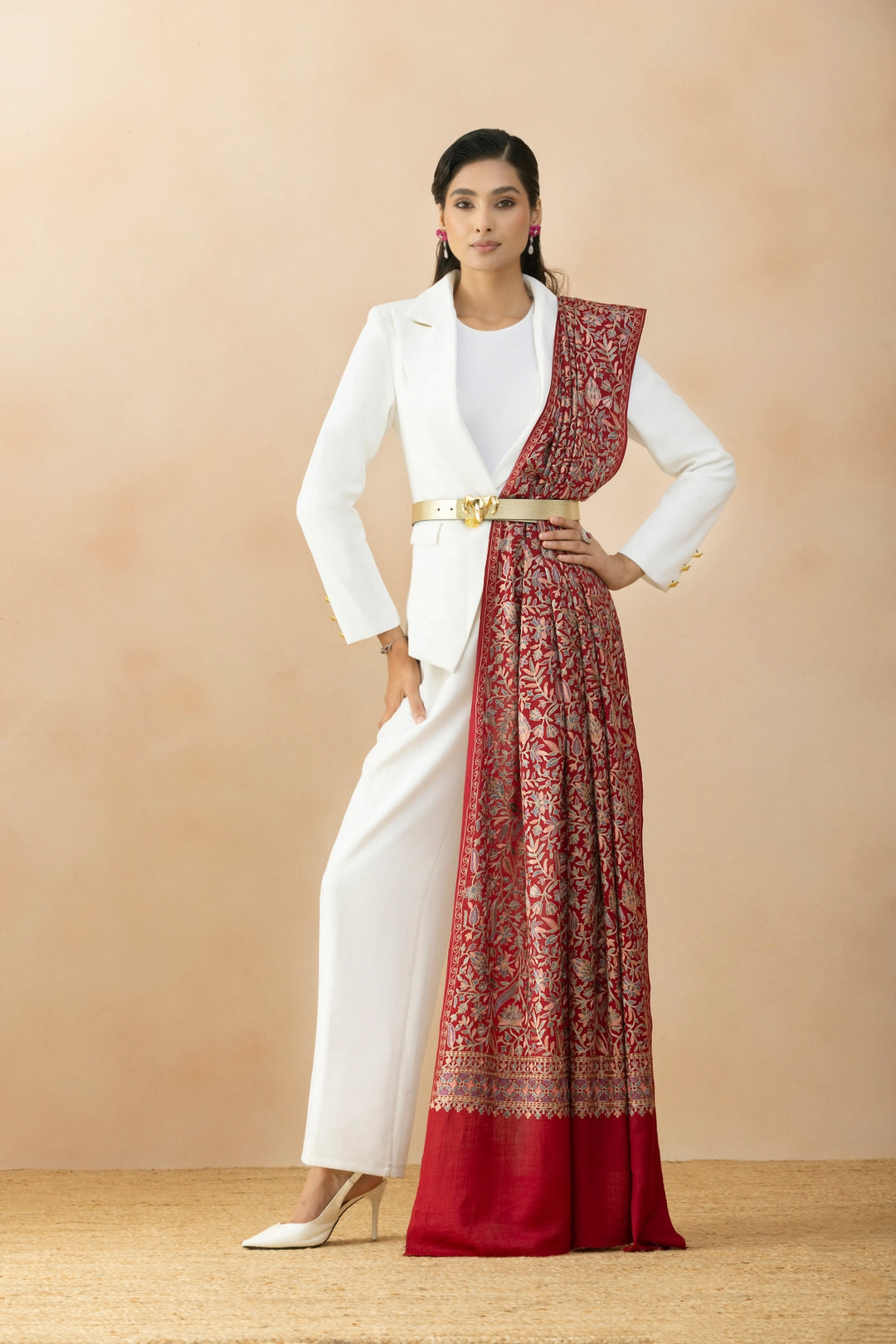Ruvaira Red Aari Embroidered Fine Wool Shawl