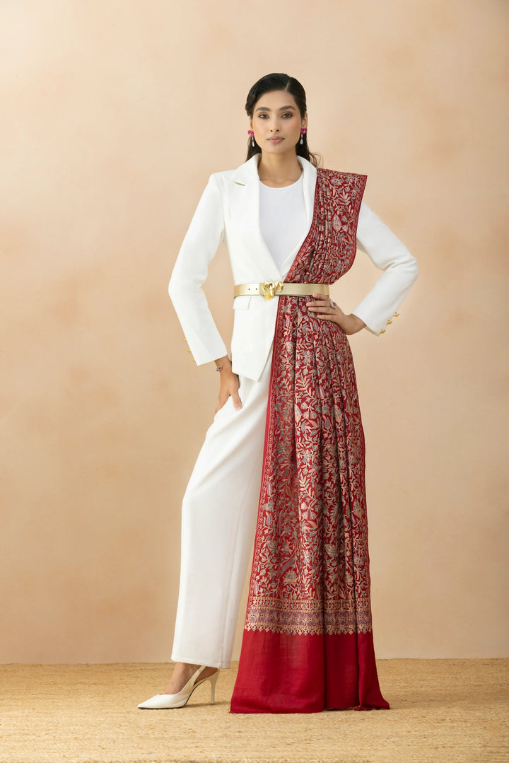 Ruvaira Red Aari Embroidered Fine Wool Shawl