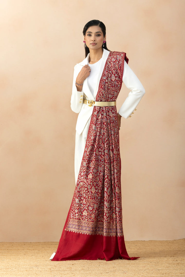 Ruvaira Red Aari Embroidered Fine Wool Shawl
