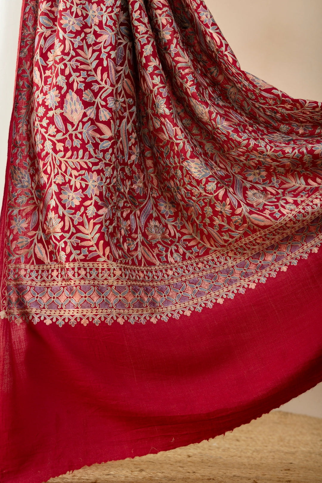 Ruvaira Red Aari Embroidered Fine Wool Shawl