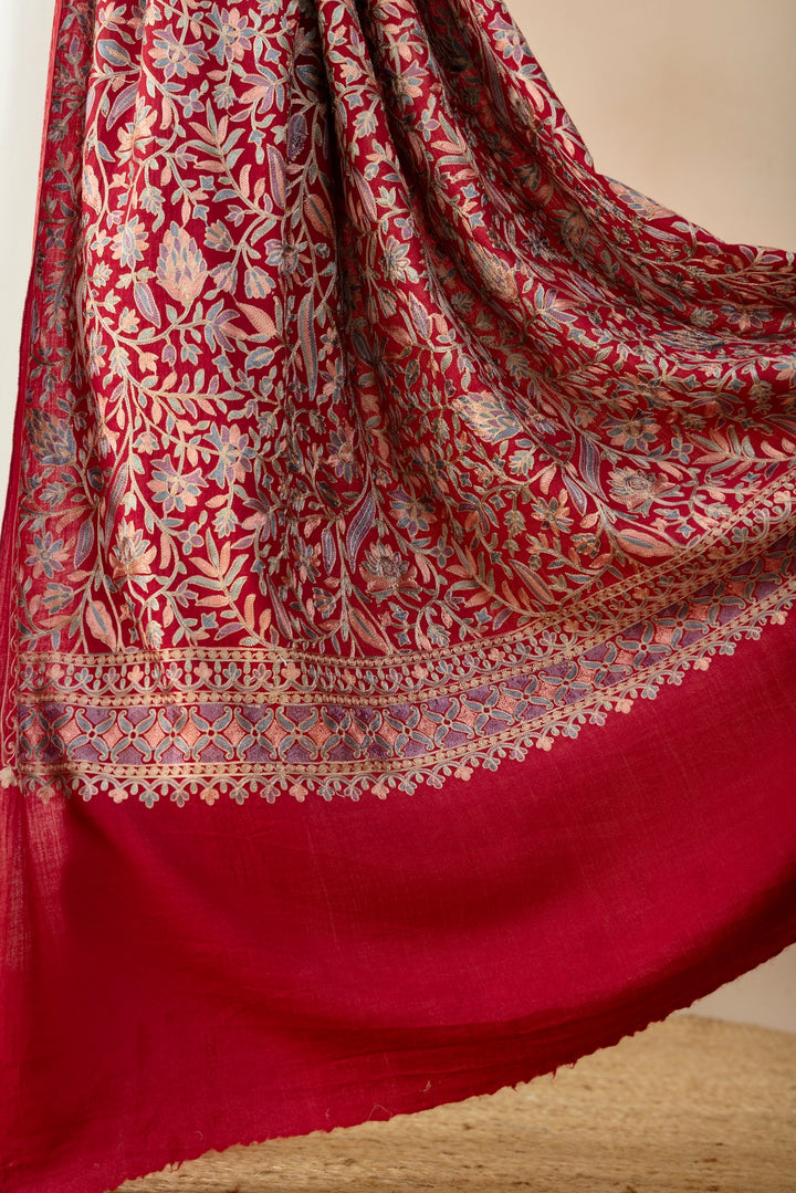 Ruvaira Red Aari Embroidered Fine Wool Shawl