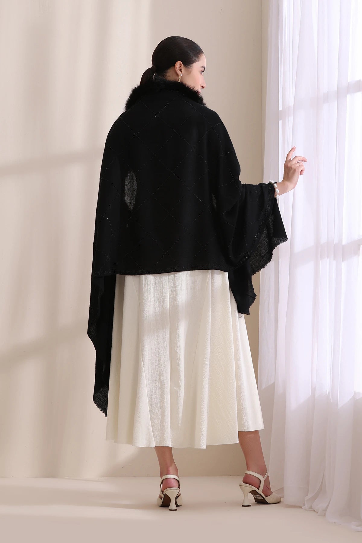 Mia Collared Fur with All Over Criss Cross Stone Work Stole