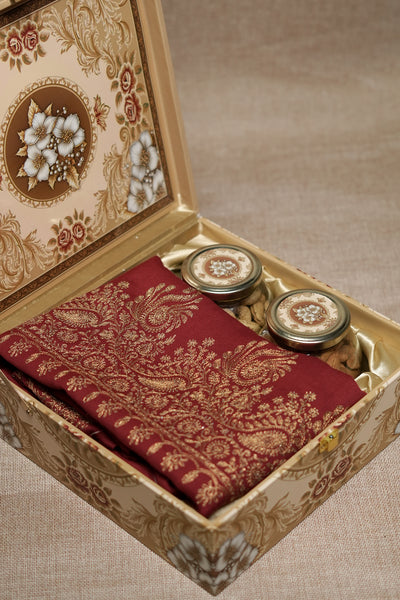Red & Gold Pashmina Gift Box with Aari & Zari Embroidery – Luxury Diwali, Wedding & Festive Hamper