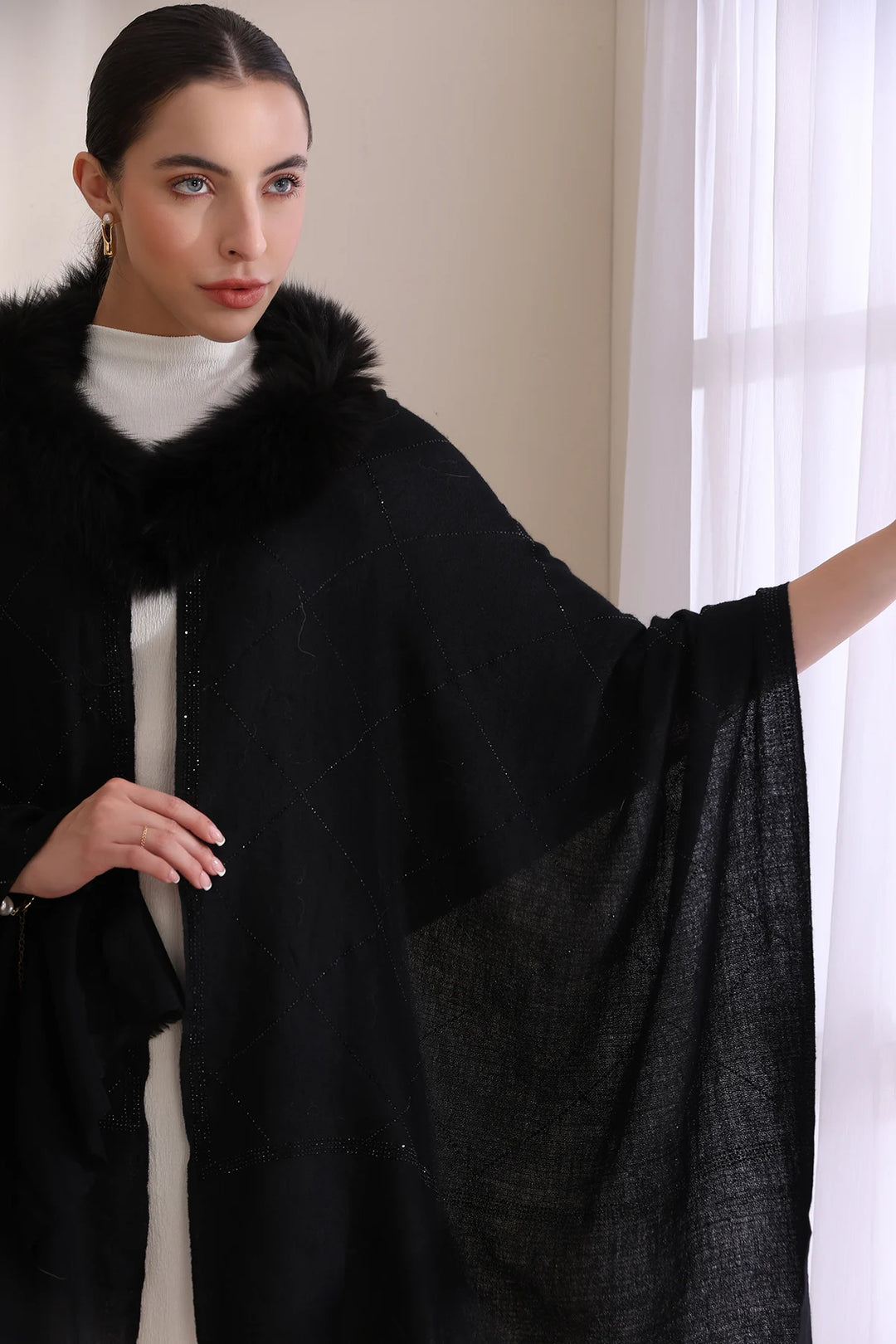 Mia Collared Fur with All Over Criss Cross Stone Work Stole