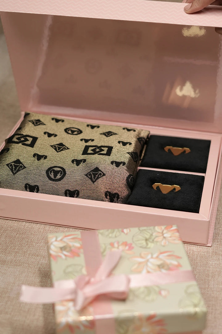 Black &amp; Gold Pashmina Zari blent stole Gift Box with Freshwater Jewellery – Luxury Wedding &amp; Festive Hamper