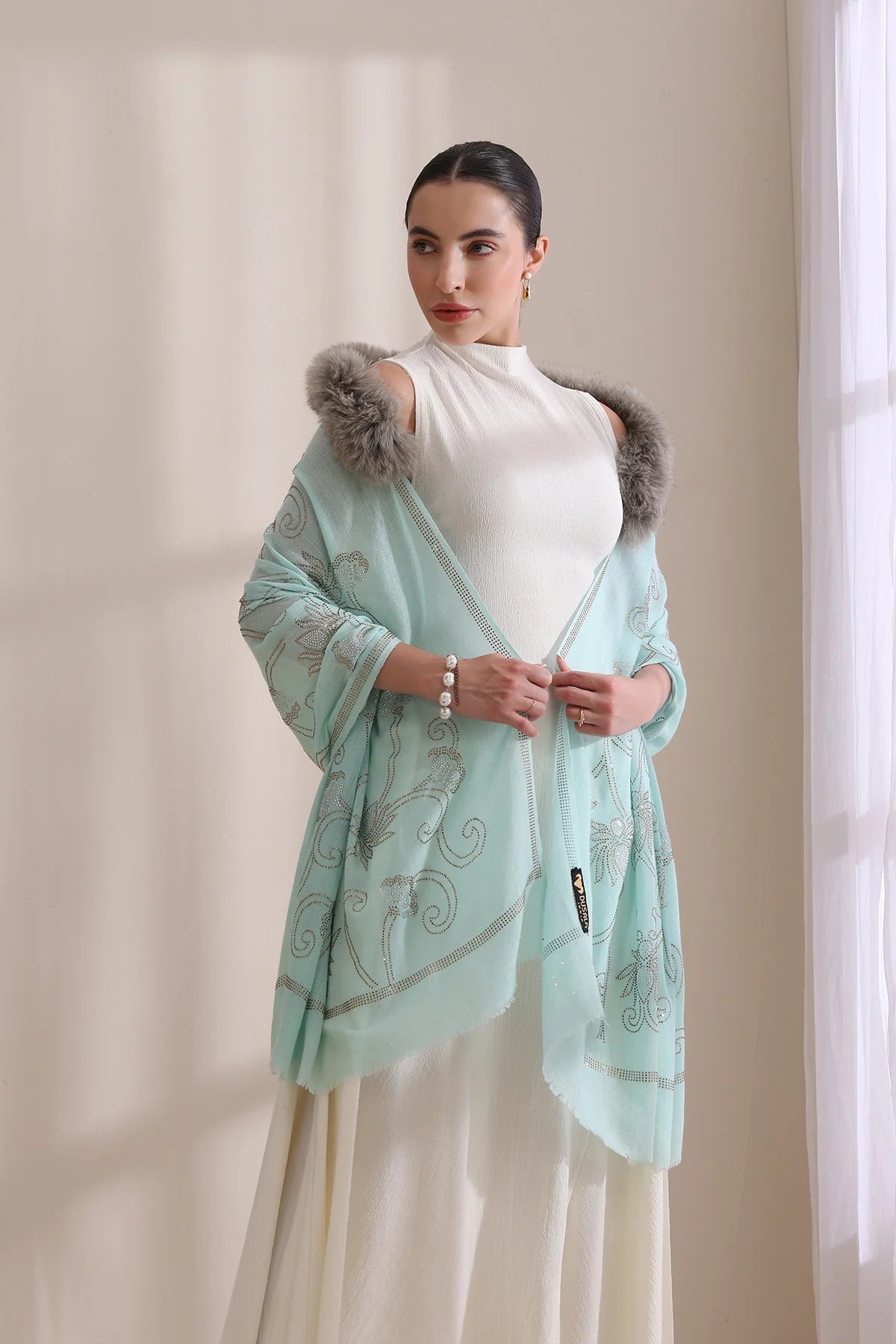 Emma Collared Fur with Floral Stone Work Stole