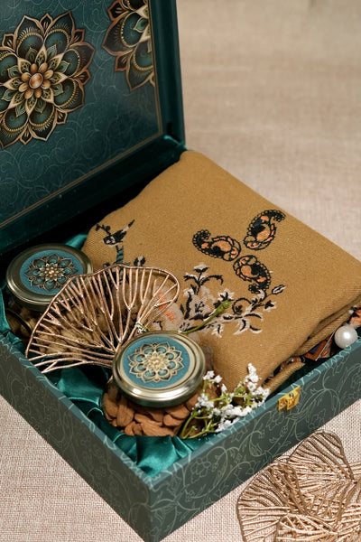 Green Mandala Luxury Gift Box with Mustard Pashmina Blend Stole – Wedding & Festive Hamper