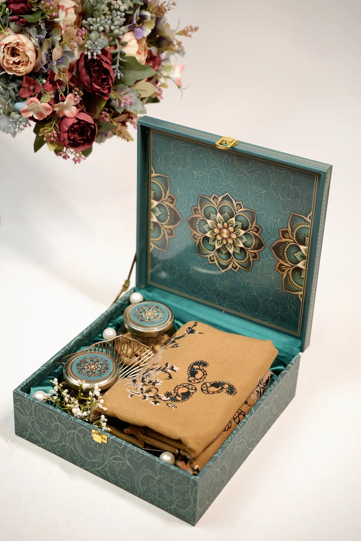 Green Mandala Luxury Gift Box with Mustard Pashmina Blend Stole – Wedding & Festive Hamper