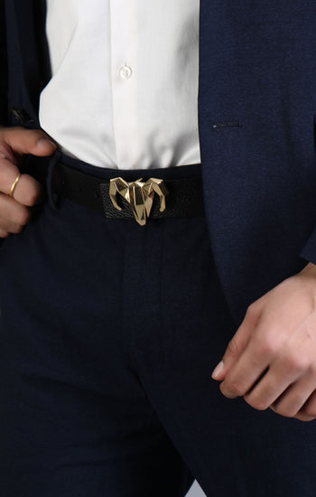 Italian Leather Ram Buckle Reversible Belt – Gold and Black