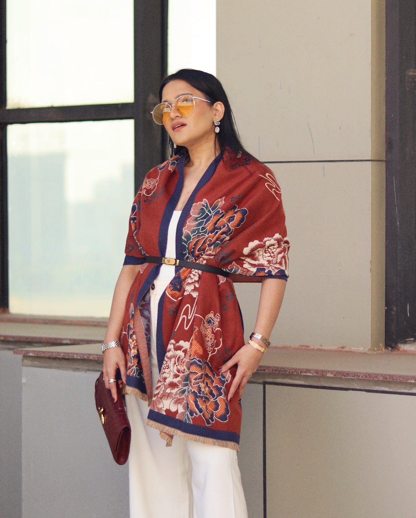 -  Nikki Madhani in our Chica Maroon Stole