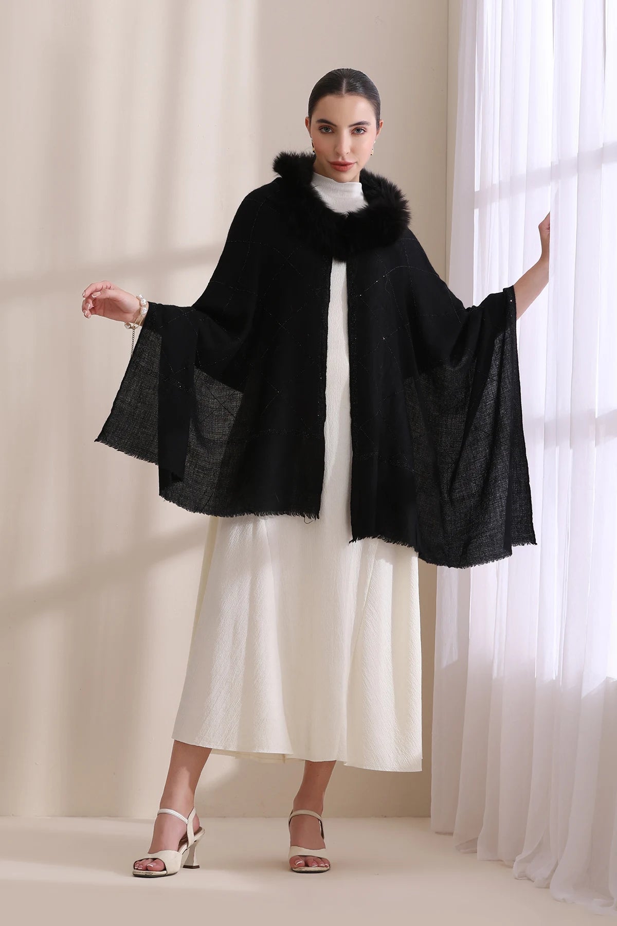 Mia Collared Fur with All Over Criss Cross Stone Work Stole