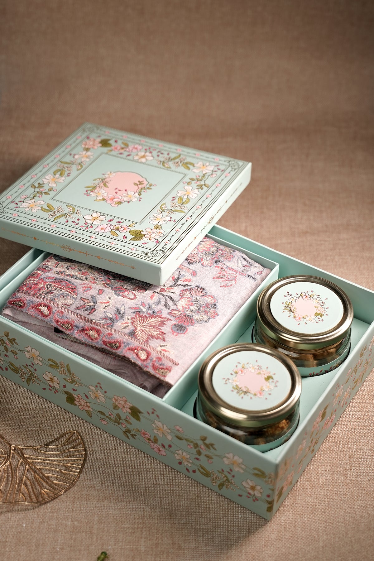 Turquoise Luxury Gift Box with Pashmina Blend Shawl & Dry Fruits