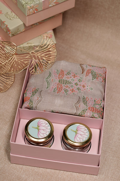 Beige Lotus Pashmina Gift Box with Savories – Luxury Diwali, Wedding & Festive Return Hamper