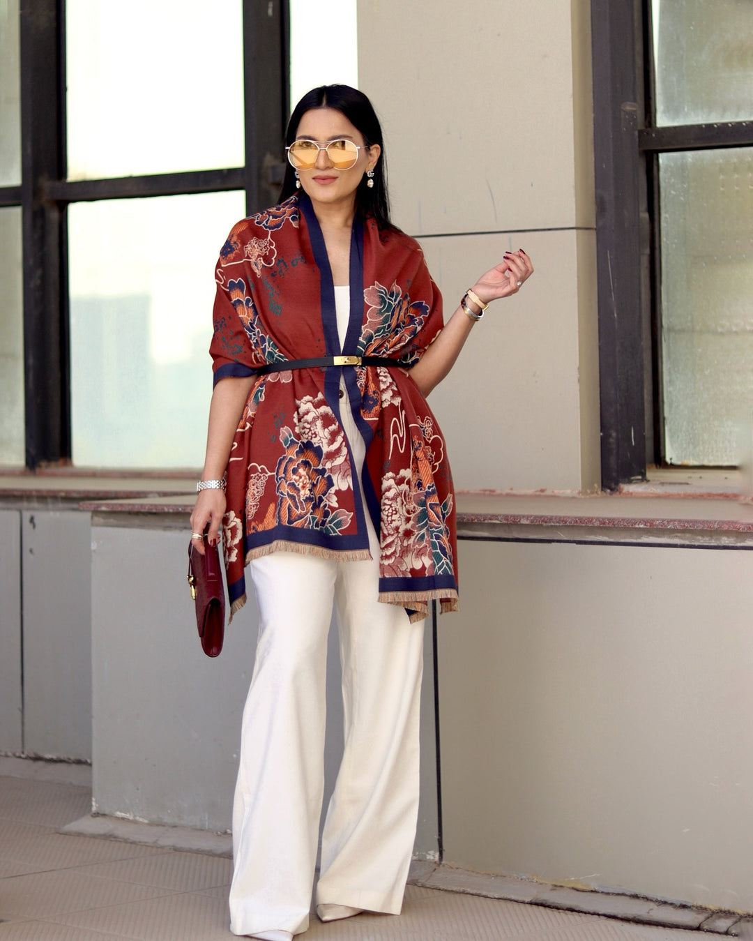'-  Nikki Madhani in our Chica Maroon Stole
