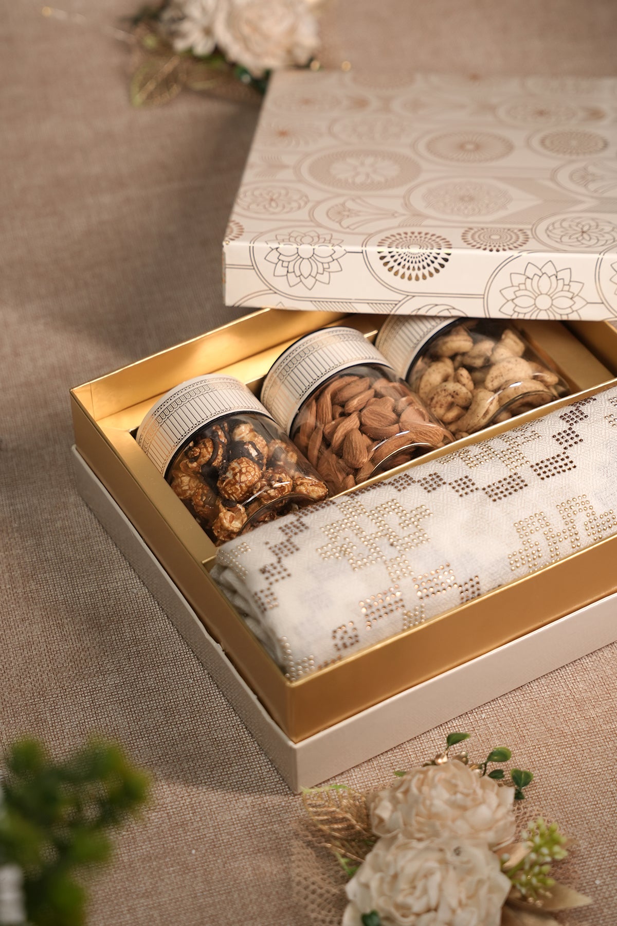 White & Gold Swarovski Pashmina Gift Box with Savories – Luxury Diwali, Wedding & Festive Hamper