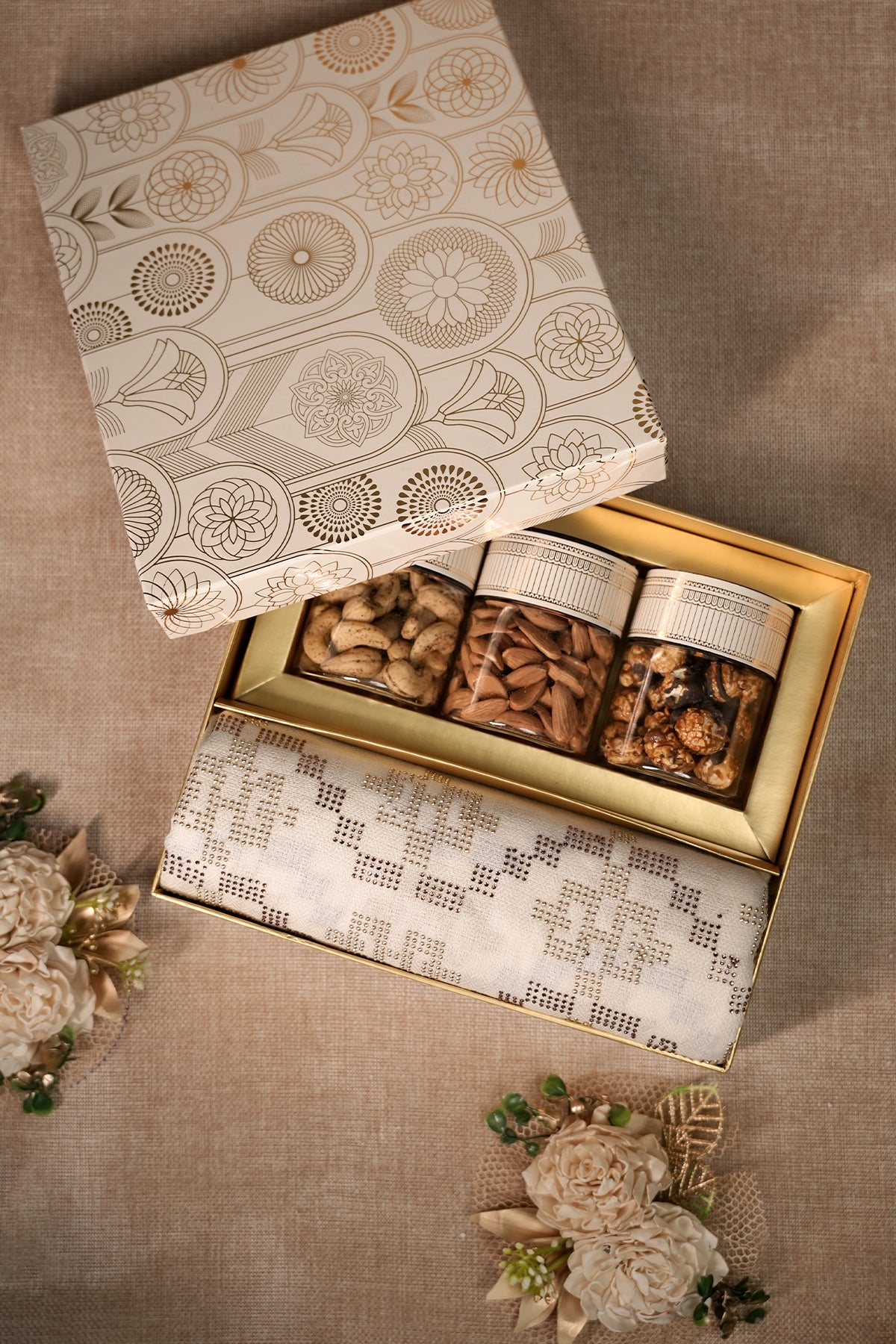 White & Gold Swarovski Pashmina Gift Box with Savories – Luxury Diwali, Wedding & Festive Hamper