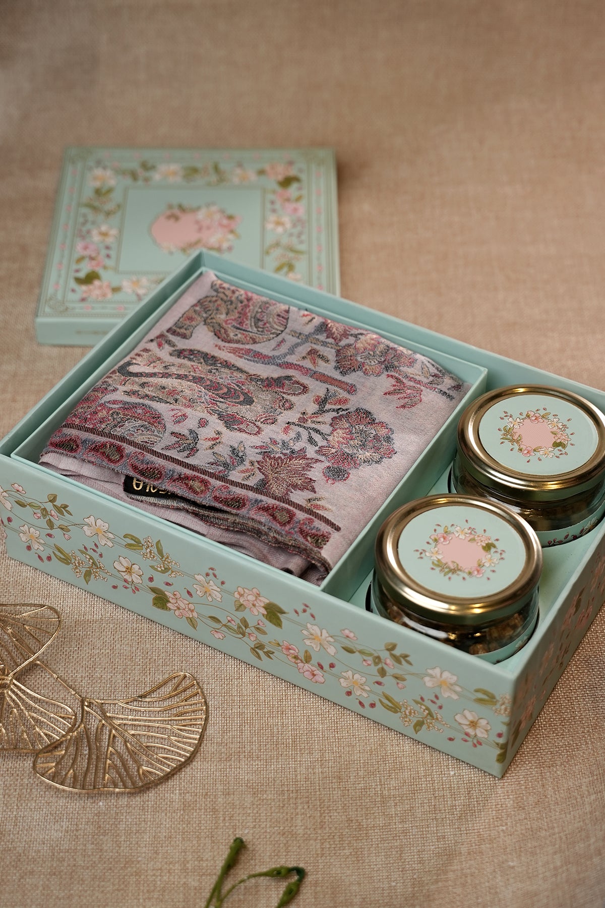 Turquoise Luxury Gift Box with Pashmina Blend Shawl & Dry Fruits