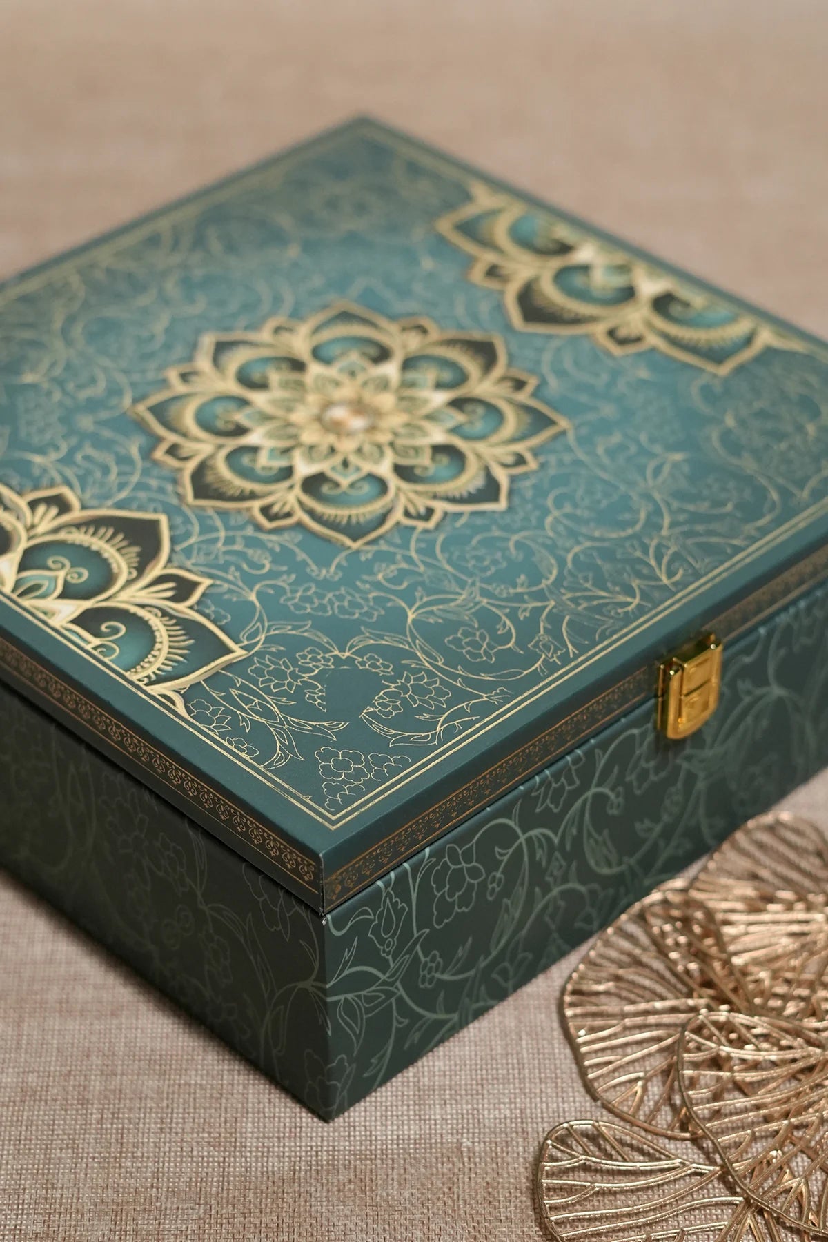 Green Mandala Luxury Gift Box with Mustard Pashmina Blend Stole – Wedding & Festive Hamper