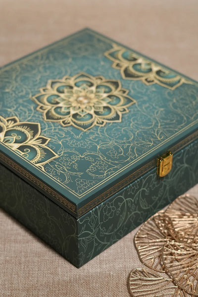 Green Mandala Luxury Gift Box with Mustard Pashmina Blend Stole – Wedding & Festive Hamper