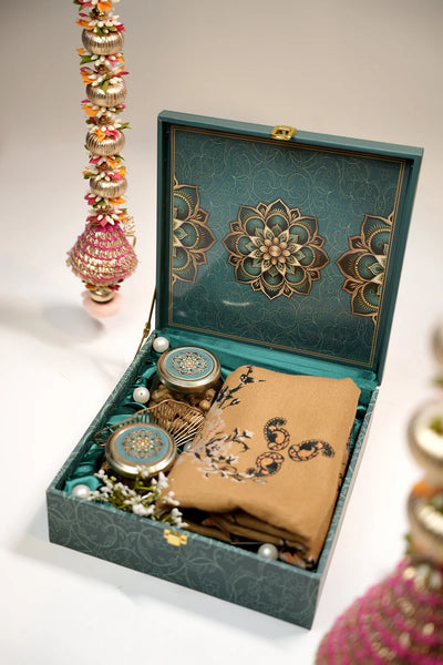 Green Mandala Luxury Gift Box with Mustard Pashmina Blend Stole – Wedding & Festive Hamper