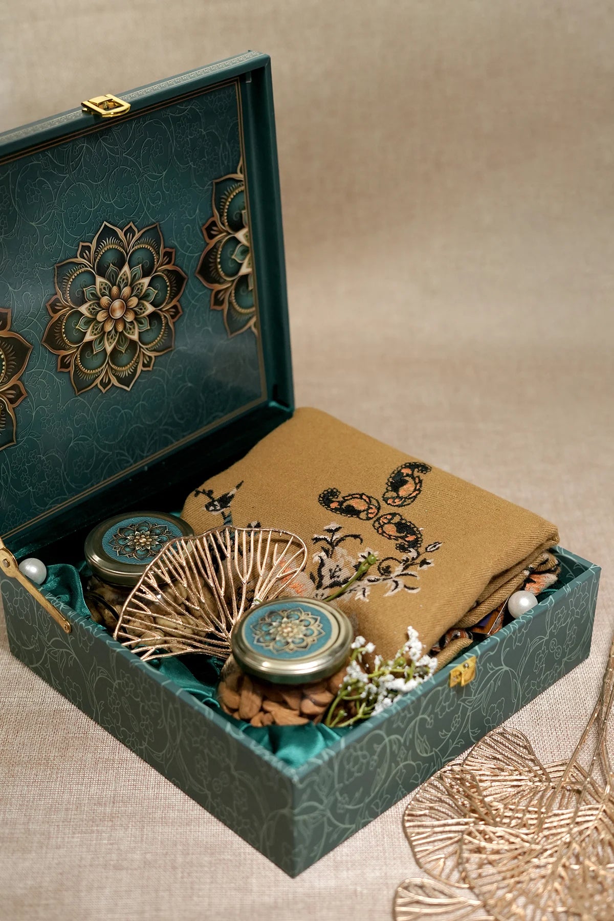 Green Mandala Luxury Gift Box with Mustard Pashmina Blend Stole – Wedding & Festive Hamper