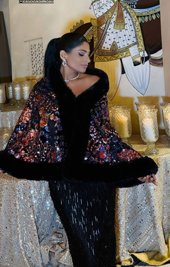 Dusala Aurora Sequin Vegan Fur Cape X FARHANA BODI