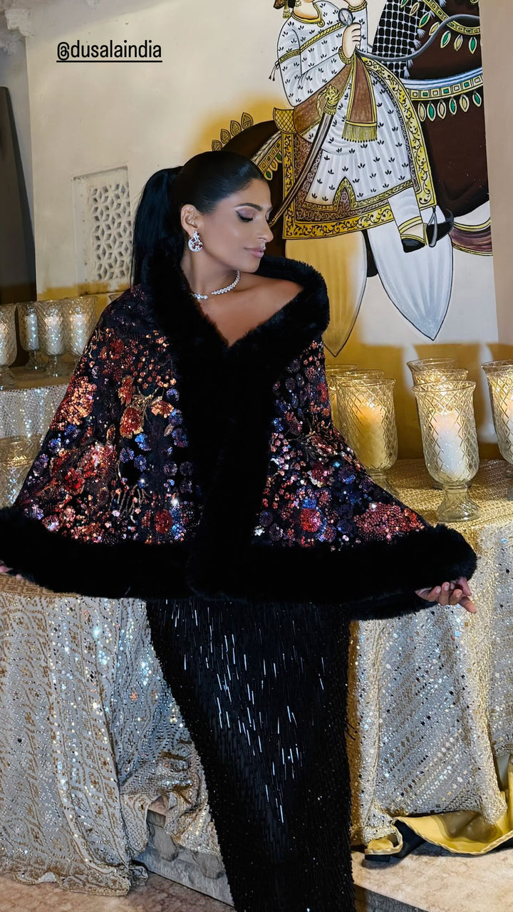 Dusala Aurora Sequin Vegan Fur Cape X FARHANA BODI