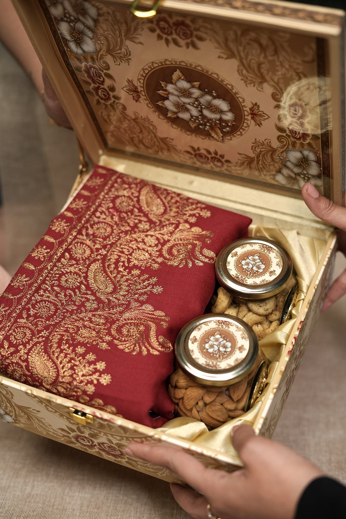 Red & Gold Pashmina Gift Box with Aari & Zari Embroidery – Luxury Diwali, Wedding & Festive Hamper