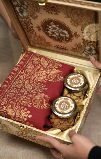Red & Gold Pashmina stole with Aari & Zari Embroidery – Luxury Diwali, Wedding & Festive Gift Box Hamper