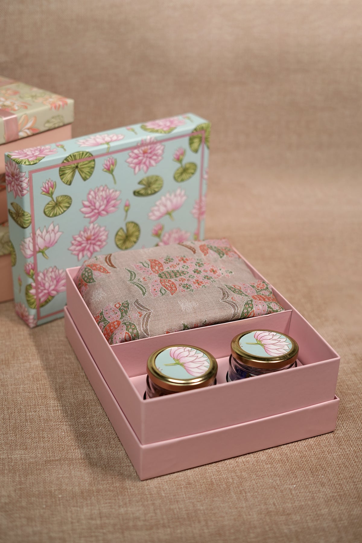 Beige Lotus Pashmina Gift Box with Savories – Luxury Diwali, Wedding & Festive Return Hamper