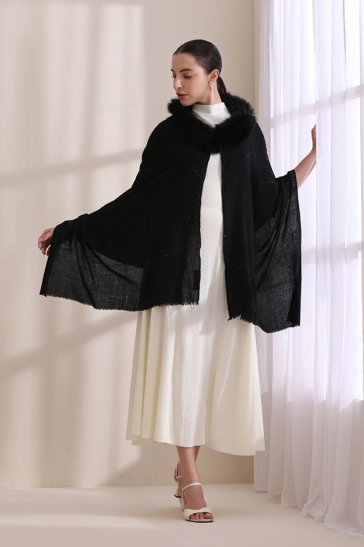 Mia Collared Fur with All Over Criss Cross Stone Work Stole