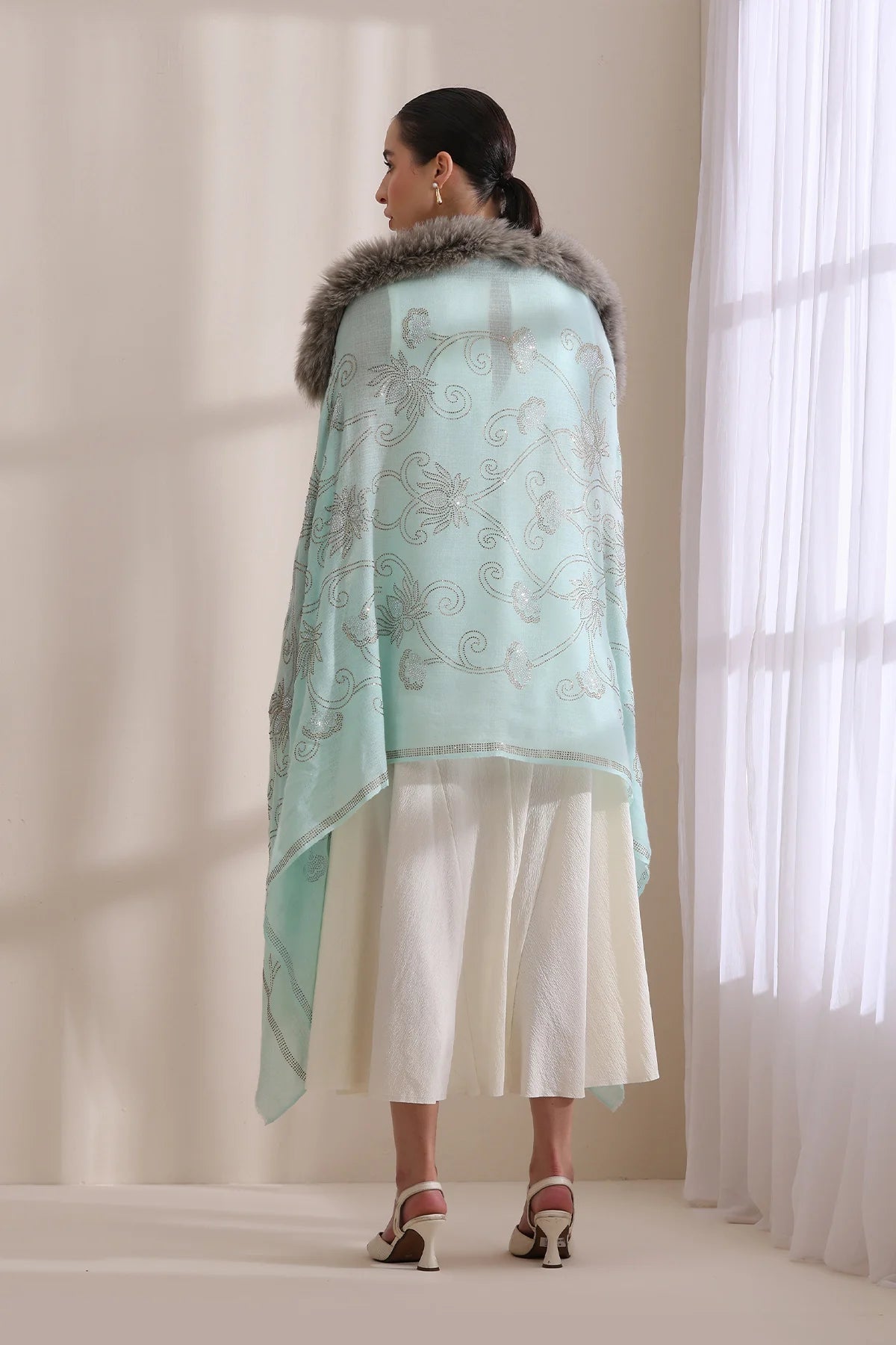 Emma Collared Fur with Floral Stone Work Stole