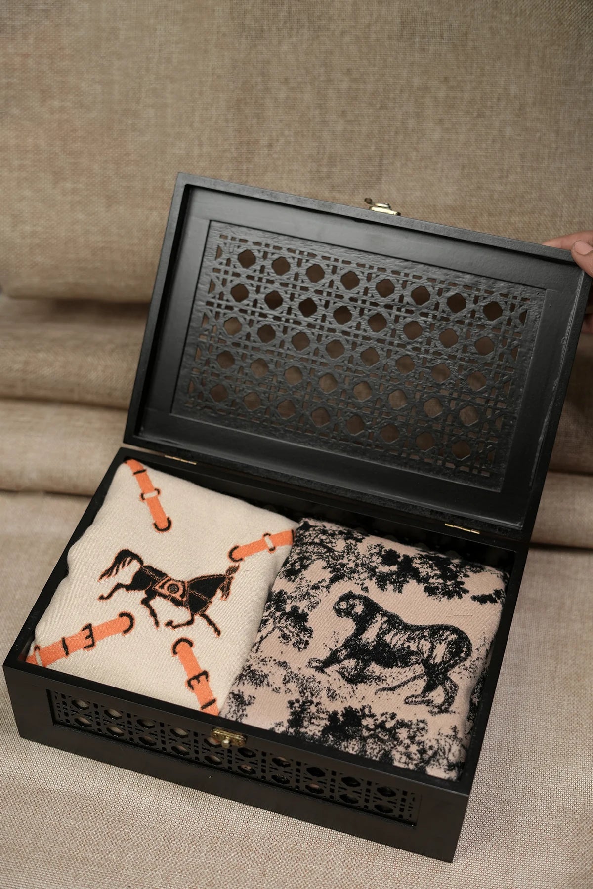 Wooden Gift Box with His & Her Pashmina blend Stoles – Luxury Anniversary, Wedding & Return Gift