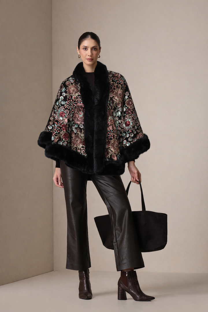 Imperial Bloom Fur-Trim Cape Wrap