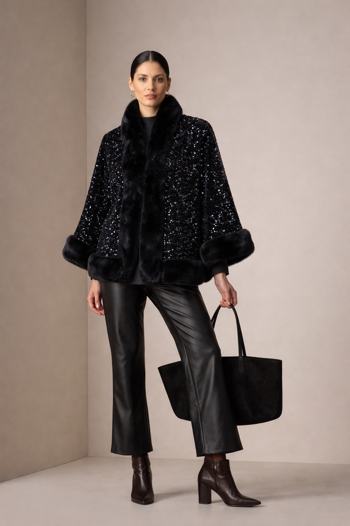 Midnight Noir Sequin Fur-Trim Cape