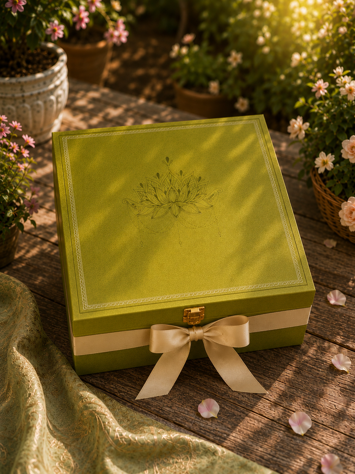 Dusala India The Lotus Grove Gift Box | Luxury Festive Gift Hamper with Premium Stole &amp; 2 Dry Fruit Jars | Elegant Keepsake Box for Rakhi, Diwali, Wedding, Housewarming &amp; Corporate Gifting