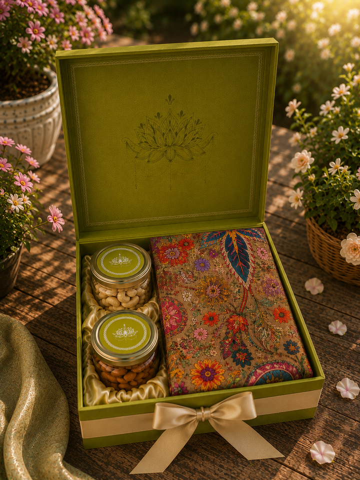 Dusala India The Lotus Grove Gift Box | Luxury Festive Gift Hamper with Premium Stole &amp; 2 Dry Fruit Jars | Elegant Keepsake Box for Rakhi, Diwali, Wedding, Housewarming &amp; Corporate Gifting