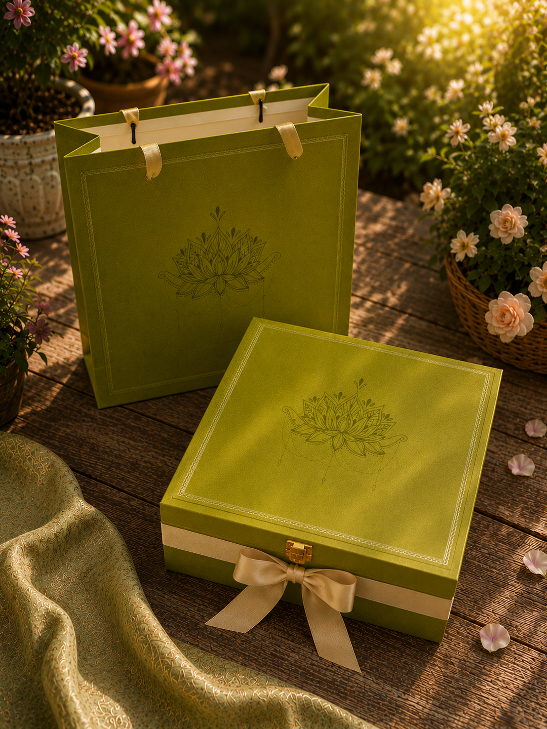 Dusala India The Lotus Grove Gift Box | Luxury Festive Gift Hamper with Premium Stole &amp; 2 Dry Fruit Jars | Elegant Keepsake Box for Rakhi, Diwali, Wedding, Housewarming &amp; Corporate Gifting