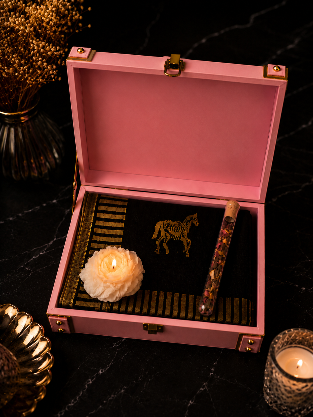 Noorani Gift Box: Reversible Zari Stole Gift Set with Candle and kahwa
