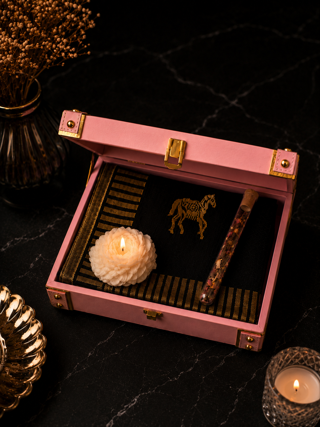Noorani Gift Box: Reversible Zari Stole Gift Set with Candle and kahwa