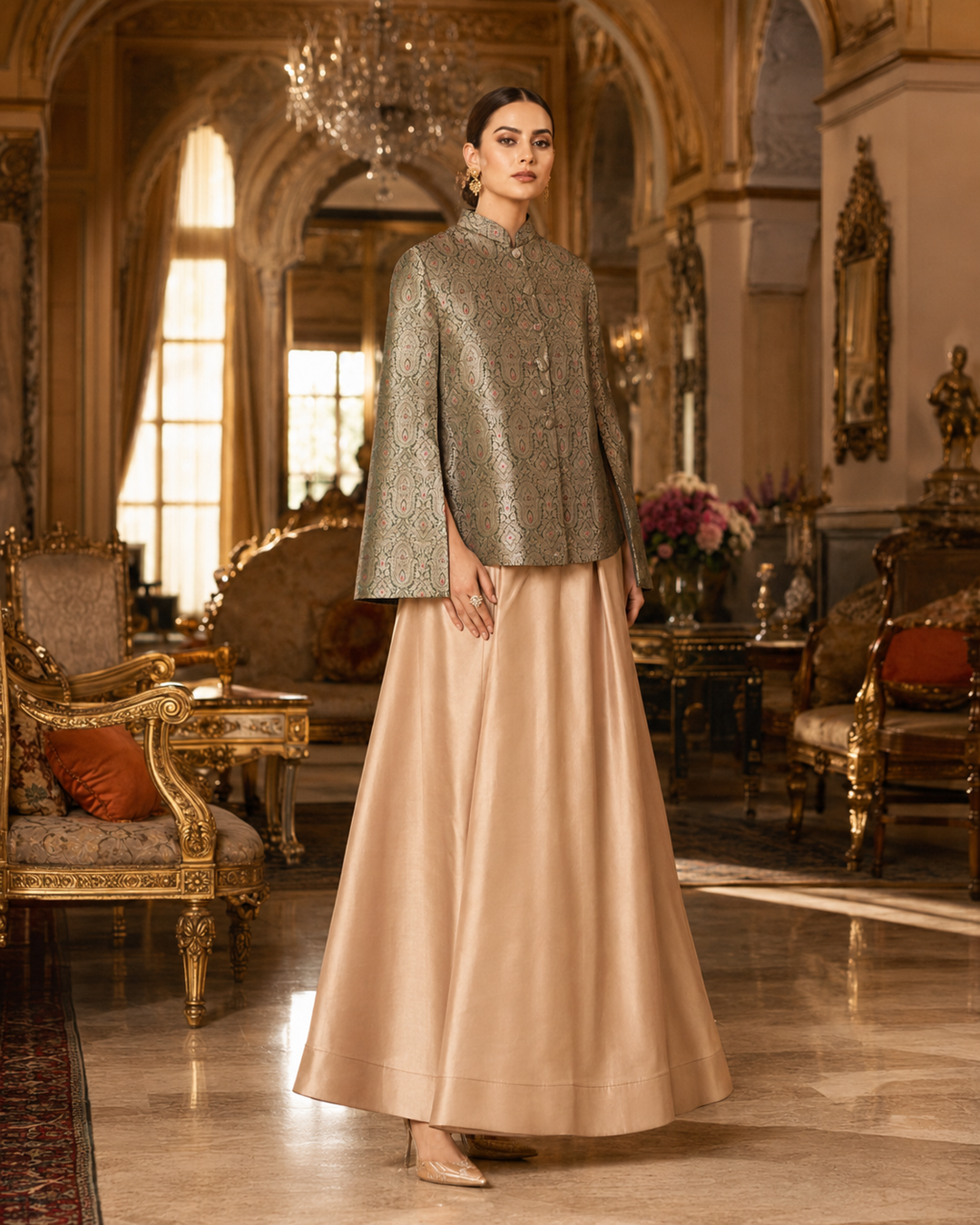 Noor Jahan Banarasi Cape Jacket with Paisley Weave