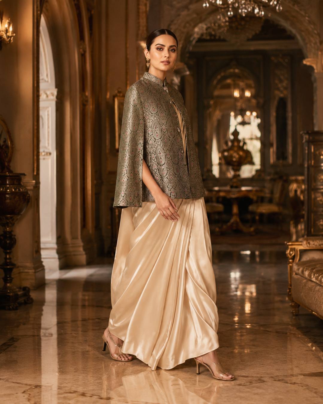 Noor Jahan Banarasi Cape Jacket with Paisley Weave