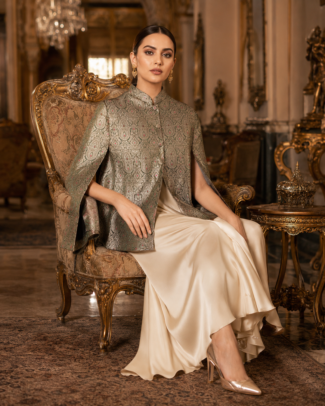 Noor Jahan Banarasi Cape Jacket with Paisley Weave