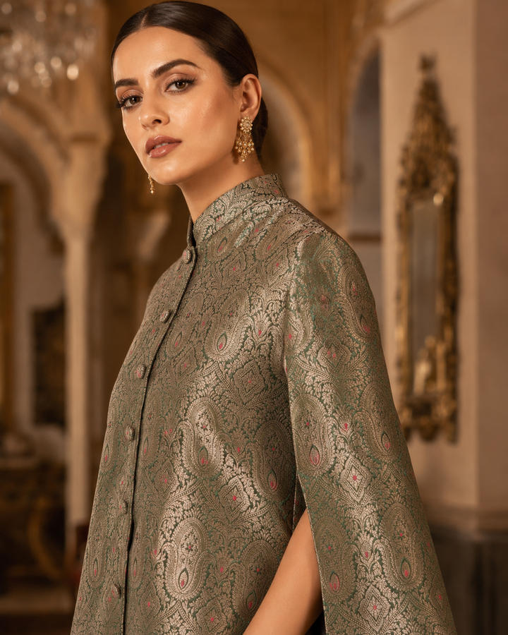 Noor Jahan Banarasi Cape Jacket with Paisley Weave