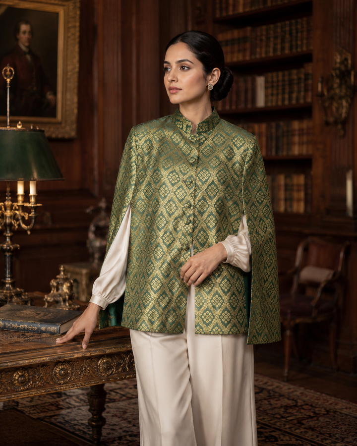 Gayatri Banarasi Cape Jacket with Gold Diamond Weave