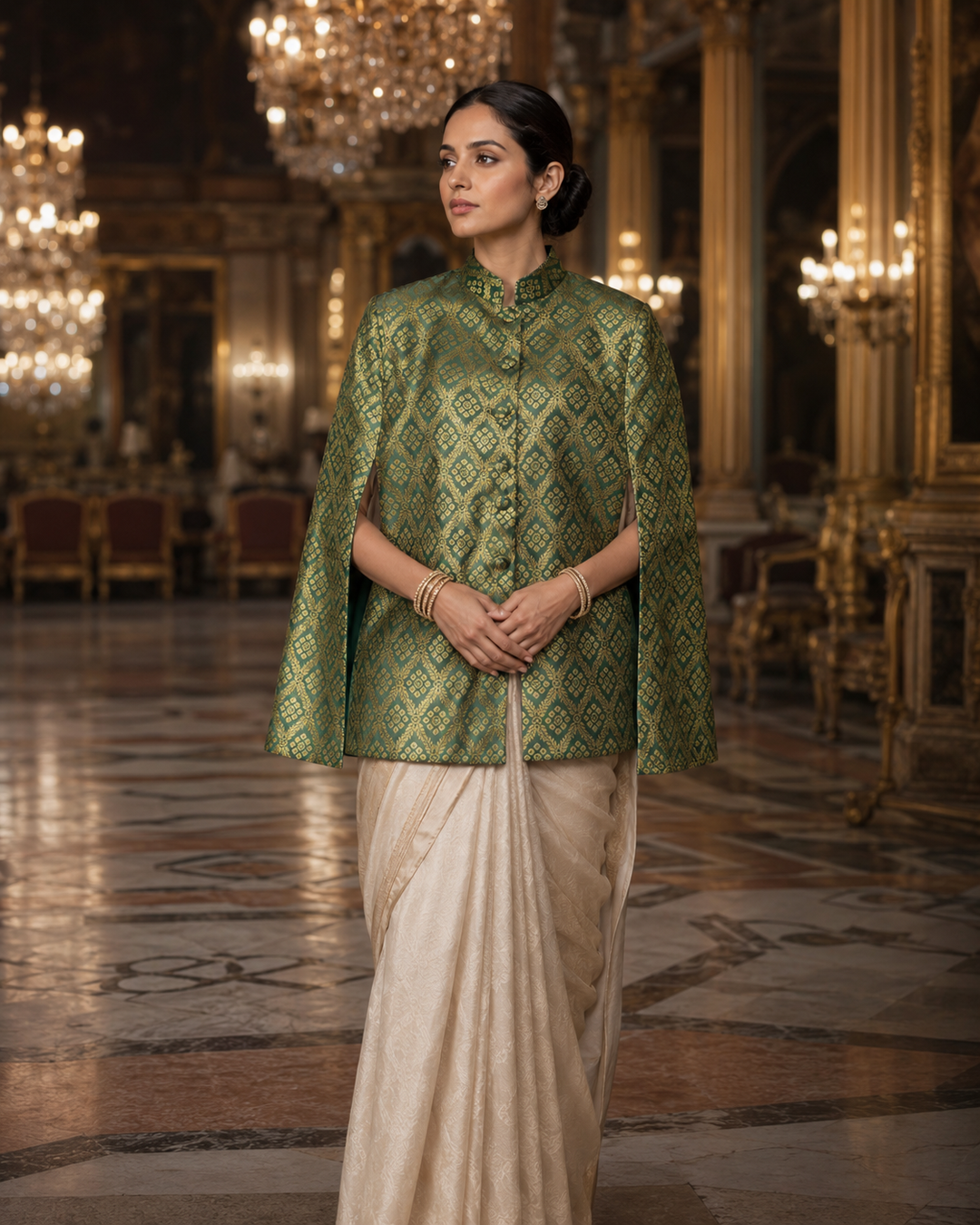 Gayatri Banarasi Cape Jacket with Gold Diamond Weave