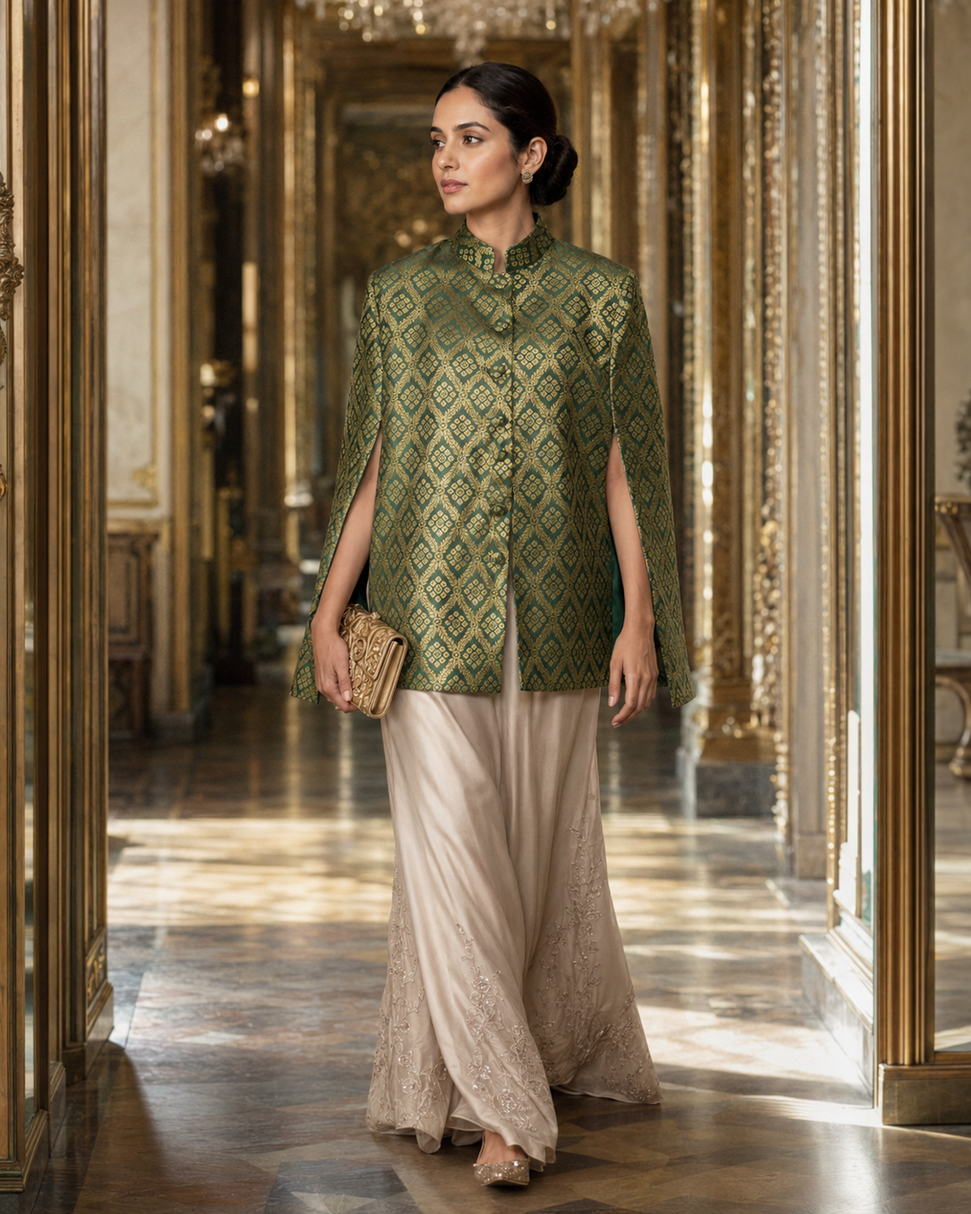 Gayatri Banarasi Cape Jacket with Gold Diamond Weave